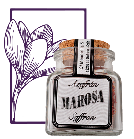 Envase de tarro de cristal de Marosa Saffron con dibujo de flor de azafrán de Marosa Saffron, especialistas en venta de azafrán español